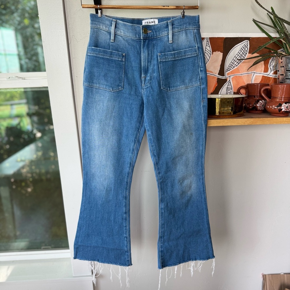 FRAME Denim Le Bardot Crop Flare Front Pocket Cropped Flare Raw Hem Jeans Sz 25